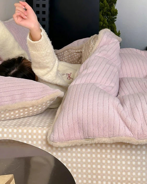 pink plaid plush bedding set